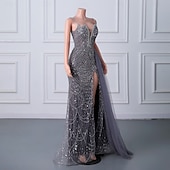 baratos CINZA-Sereia  Vestido de Noite Trompete Vestido Elegante Festa de Gala Traje de Corte Sem Mangas Alças Finas Com Lantejoulas e Pérolas