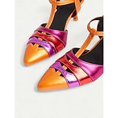 economico Stile Disco &amp; Hippie anni ’70-scarpe con tacco a T metallizzate arancioni e fucsia da donna – décolleté a punta colorblock in stile kitten retrò per feste danzanti, discoteche ed eventi vintage anni '70