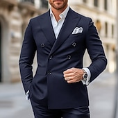 billiga Herrars klassiska kavajer-kavaj för män sportrock formell bröllopsdag elegant mode marinblå preppy blazer vår &amp;amp;  höst polyester enfärgad knapp metall dubbelknäppt kavaj