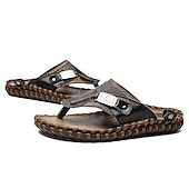 billige Ferietøfler-Herre vintage brune flip-flops i kunstskinn med robust sklisikker såle – utendørs sandaler for sommerfotturer, strandeventyr og daglig bruk