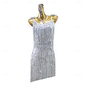 abordables robe de compétition-Robe de danse latine salsa à paillettes et pompons pour femme, tenue de soirée rumba chacha, sans manches