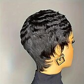 baratos Perucas de Qualidade Superior-Peruca pixie cut sintética, peruca curta e reta, bob, para mulheres negras, cor preta natural