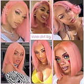 billige Parykker med blondefront, naturlig hår-Pink# Human Hair Wig 13*4 Short BOBO Lace Wig Straight Human Hair 150% Density
