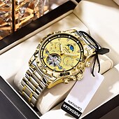 baratos Relógio Automático-Relógio masculino luxuoso com turbilhão oco, à prova d&#039;água, luminoso, automático, mecânico, data, semana, aço inoxidável, relógio masculino