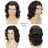 baratos Perucas Casam-Peruca masculina marrom natural, ondulada, cacheada, longa, sintética, estilo roqueiro, cosplay, anos 70 e 80, acessório para fantasia de Halloween