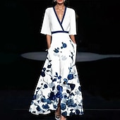 ieftine Rochii casual florale-Pentru femei Rochie Lunga Rochie Maxi Rochie florala Rochie imprimata Modă Modern În aer liber Vacanță Dată Fit regulat Floare Manșon Jumate În V Alb Roșu-aprins Vară