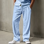 cheap Classic-Men&#039;s Linen Pants Trousers Summer Pants Baggy Pants Beach Pants Drawstring Elastic Waist Straight Leg Plain Comfort Breathable Full Length Daily Holiday Going out Fashion Classic Style Black White