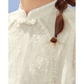 cheap Dresses-Kids Girls&#039; Dress Solid Color Long Sleeve Outdoor Ruched Mesh Adorable Nylon Knee-length Casual Dress Summer 4 years+ Beige
