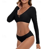 abordables Maillots une pièce et tankinis-Femmes Tankini Maillot De Bain Deux Pièces Dos Nu Maillot de Bain Couleur Unie Maillots de Bain Noir Respirant Séchage Rapide manche longue - Natation Surf Plongée en apnée Été