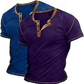 economico Maglietta casual Henley-Maglietta Henley da uomo in 2 pezzi, a maniche corte, semplice, con maniche raglan, alla moda, stile basic, con bottoni, confezione da 2, per vacanza, strada, casual, estate, tutte le stagioni.