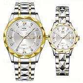 baratos Relógios Quartz-Dois mostradores romanos redondos com diamantes aquáticos, mostrador luminoso, relógio de casal ipx7 à prova d&#039;água, relógio de quartzo com calendário e data, pulseira de aço inoxidável elegante,
