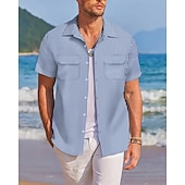preiswerte Herrenhemd zum Knöpfen-Herren Hemd Sommerhemd Freizeithemd Strandhemd Knopfhemd Rosa Wein Blau Grün Dunkel Blau Kurzarm Streifen Revers Urlaub Hawaiianisch Fronttasche Bekleidung Baumwollmischung Mode Lässig Bequem