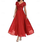 preiswerte Bodenlänge-A-Linie Brautmutterkleid Elegant V Ausschnitt Bodenlang Polyester Kurzarm mit Einfarbig 2025