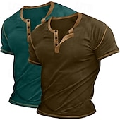economico Maglietta casual Henley-Maglietta Henley da uomo in 2 pezzi, a maniche corte, semplice, con maniche raglan, alla moda, stile basic, con bottoni, confezione da 2, per vacanza, strada, casual, estate, tutte le stagioni.
