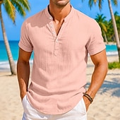 voordelige Vakantie-Voor heren Overhemd Linnen overhemd Overhemd met bandkraag Popover-shirt Zomer overhemd Strand Kleding Effen Vakantie Casual Zwart Wit Blozend Roze Marineblauw Korte mouw Mandarijn Kraag Zomer Kleding