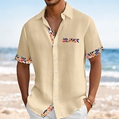 voordelige Vakantie-Voor heren Overhemd Linnen overhemd Zomer overhemd Strand Kleding Overhemd met knopen Effen Kleur Vakantie Curise Wit Marineblauw Oranje Khaki Korte mouw Kraag Zomer Lente zomer Kleding Kleurenblok