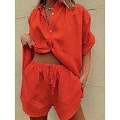 abordables Ensembles-Femmes Actif Basique Ensembles en coton et lin Manche Courte Col de chemise Couleur Unie Décontracté Quotidien Vert Véronèse bleu marine Vert foncé Été Coupe régulière