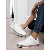 baratos Ténis de mulher-Tênis feminino branco e rosa com plataforma de glitter arco-íris, calçado casual com cadarço para uso diário e encontros