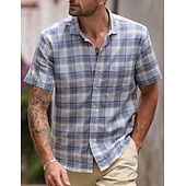 cheap Business Casual-Men&#039;s Shirt Linen Shirt Summer Shirt Dress Shirt Plaid Shirt Button Up Shirt Plaid Casual Daily Wear Blue Short Sleeve Turndown Summer Clothing Apparel Front Pocket
