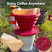 abordables Accessoires à boissons-Filtre à café pliable en caoutchouc avec 40 filtres en papier - Filtre à café pliable, cafetière manuelle rouge facile à utiliser avec 40 filtres en papier non blanchis, filtre à café en papier pour