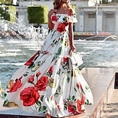 tanie Eleganckie sukienki kwiatowe-Damskie Długa sukienka sukienka maxi Sukienka koktajlowa Sukienka z nadrukiem Moda Nowoczesny Na zewnątrz Urlop Herbaciane przyjęcie Regularny Kwiat Krótki rękaw Z odsłoniętymi ramionami Biały Lato