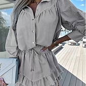 baratos Conjuntos-Mulheres Moda Roupa de rua Camisas de algodão e linho Conjuntos de linho de algodão Conjuntos de shorts Manga Longa Colarinho de Camisa Listrado Imprimir Roupa Diária Encontro Rosa Azul Cinzento Verão