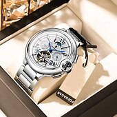 abordables Relojes mecánicos-Reloj de lujo para hombre, con tourbillon hueco, automático, mecánico, resistente al agua, con fecha y semana, de acero inoxidable.
