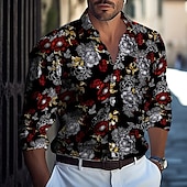 cheap Plants Pattern-Men&#039;s Floral Print Flowers Shirt Button Up Shirt Casual Dress Shirt Long Sleeve Fashion Casual Formal Vacation Dailywear Summer Spring Turndown 3D Print Collared Shirts Red Blue Green Dark Blue
