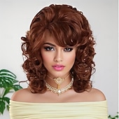 baratos Perucas Históricas-Peruca de cabelo sintético comprimento dos ombros dos anos 1970 para mulheres, peruca marrom misturada e ondulada com franja, peruca de substituição de cabelo castanho chocolate grosso e saltitante,