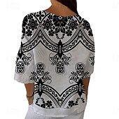 abordables T-shirt Art &amp; Design-Femmes Chemise Hauts d&#039;été Graphique Géométrique Classique Occasionnel Manche 3/4 Col en V Hauts Réguliers Quotidien Week-end Imprimé Blanc / Noir Été Printemps Automne