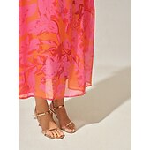 preiswerte Blumenkleider-Damen Maxidress A Linie Kleid Elegant Ausgestellter Ärmel kleid hochzeitsgast Cocktailparty Regular Fit Blumen 3/4 Ärmel V Ausschnitt Rote Sommer