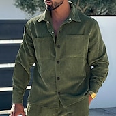 preiswerte Freizeithemden für Herren-Herren Hemd Freizeithemd Arbeitshemd Cordhemd Knopfhemd Schwarz Armeegrün Dunkelgray Langarm Einfach Revers Urlaub Ferien Tasche Bekleidung Polyester Mode Lässig Bequem