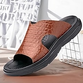 cheap Vacation Sandals-Men&#039;s Copper Faux Leather Slide Sandals with Embossed Crocodile Pattern and Black Cushioned Sole – Stylish Slip-On Sandals for Indoor Lounge, Poolside Relaxation, or Resort Wear