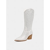 baratos Festa da Vida Noturna-Botas de cowboy femininas com strass - botas pretas de festa estilo western até o joelho com bico fino e salto grosso para festivais de música e eventos noturnos
