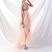 cheap Semi-formal / Cocktail-A-Line Quinceanera Dresses Elegant Dress Formal Wedding Asymmetrical Sleeveless Strapless Tulle Backless with Feather Embroidery