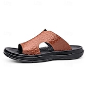 cheap Vacation Sandals-Men&#039;s Copper Faux Leather Slide Sandals with Embossed Crocodile Pattern and Black Cushioned Sole – Stylish Slip-On Sandals for Indoor Lounge, Poolside Relaxation, or Resort Wear