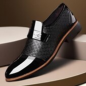 cheap Men&#039;s Slip-ons &amp; Loafers-Men’s Black Patent Faux Leather Loafers with Textured Scale Pattern and Metal Buckle, Elegant Slip-On Dress Shoes for Weddings, Business and Formal Events