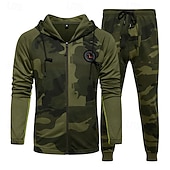 preiswerte Trainingsanzüge-Herren Reißverschluss Kapuzensweatshirt Trainingsanzug Athleisure Herbst Langarm Winddicht Fitnessstudio Training Sport Sportbekleidung Sportkleidung Tarnung Armeegrün Khaki Grau
