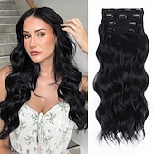 economico Clip nelle estensioni-Extension per capelli, 4 pezzi, extension con clip, 20 pollici, biondo spiaggia, lunghe, ondulate, naturali, morbide, sintetiche, per donna