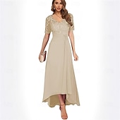 preiswerte Bodenlänge-A-Linie Mutter der Braut Kleid Elegantes Einfaches V-Hals asymmetrisches Chiffon Kurzarm mit einfarbig