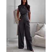 cheap Women&#039;s Blouse Suits-Women&#039;s Fashion Streetwear Daily Pants Sets Sleeveless Round Neck Solid Color Ruched Casual Daily Dark Grey Black White Spring Loose Fit