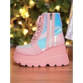 baratos Festa da Vida Noturna-Botas de combate femininas plataforma rosa, botas de cano curto holográficas com cadarço e salto grosso com zíper lateral, estilo de rua ousado para vida noturna e roupas de festa