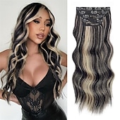 abordables Clip dans les extensions-Extensions de cheveux à clipser 20 pouces, extensions de cheveux longs blonds mélangés noirs, 4 pièces, postiches synthétiques souples pour femmes