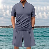 cheap Men&#039;s Tee Sets-Men&#039;s Waffle Shirt T-shirt Suits 2 Pieces Outfits Tee &amp; Shorts Short Sleeve Quarter Zip Summer Plain Fashion Casual 2 Piece Vacation Daily Wear Going out Black khaki Gray Top Tee for Men