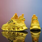 billige Sneakers til herrer-gule herresneakers med flammedesign, lett, pustende overdel, komfortabel passform for løping, trening og hverdagsbruk