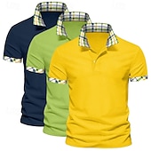baratos Polo Clássico Masculino-Camisa polo masculina de 3 peças, cor sólida, xadrez, bloco de cores, camisa de golfe, manga curta, lapela, casual, esportiva e ao ar livre, botões, verão, primavera e outono, verde, azul