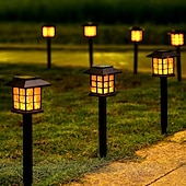 preiswerte Landschaftslichter-6 Stück Solar-Außenleuchte, wasserdicht, kleines Haus, blinkende Flamme, Bodenstecker, Licht für Innenhof, Garten, Weg, Rasen, Terrasse, Halloween, Weihnachtsfest, Atmosphäre, dekoratives Licht,