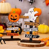 お買い得  ハロウィンの吊るし飾りとテーブルトップ装飾-ハロウィーンの木製卓上装飾2個、木とゴーストが付いたカボチャの文字サイン、ハロウィーンパーティーのディスプレイ用の不気味なスタンディングデコレーション