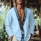 preiswerte Urlaub-Herren Hemd Leinenhemd Wikinger-Stil Popover-Hemd Sommerhemd Strandbekleidung Einfarbig Urlaub Straße Weiß Rosa Himmelblau Grün Langarm V Ausschnitt Sommer Frühling Bekleidung