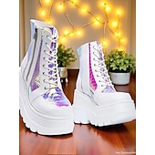 baratos Festa da Vida Noturna-Botas de combate femininas plataforma rosa, botas de cano curto holográficas com cadarço e salto grosso com zíper lateral, estilo de rua ousado para vida noturna e roupas de festa